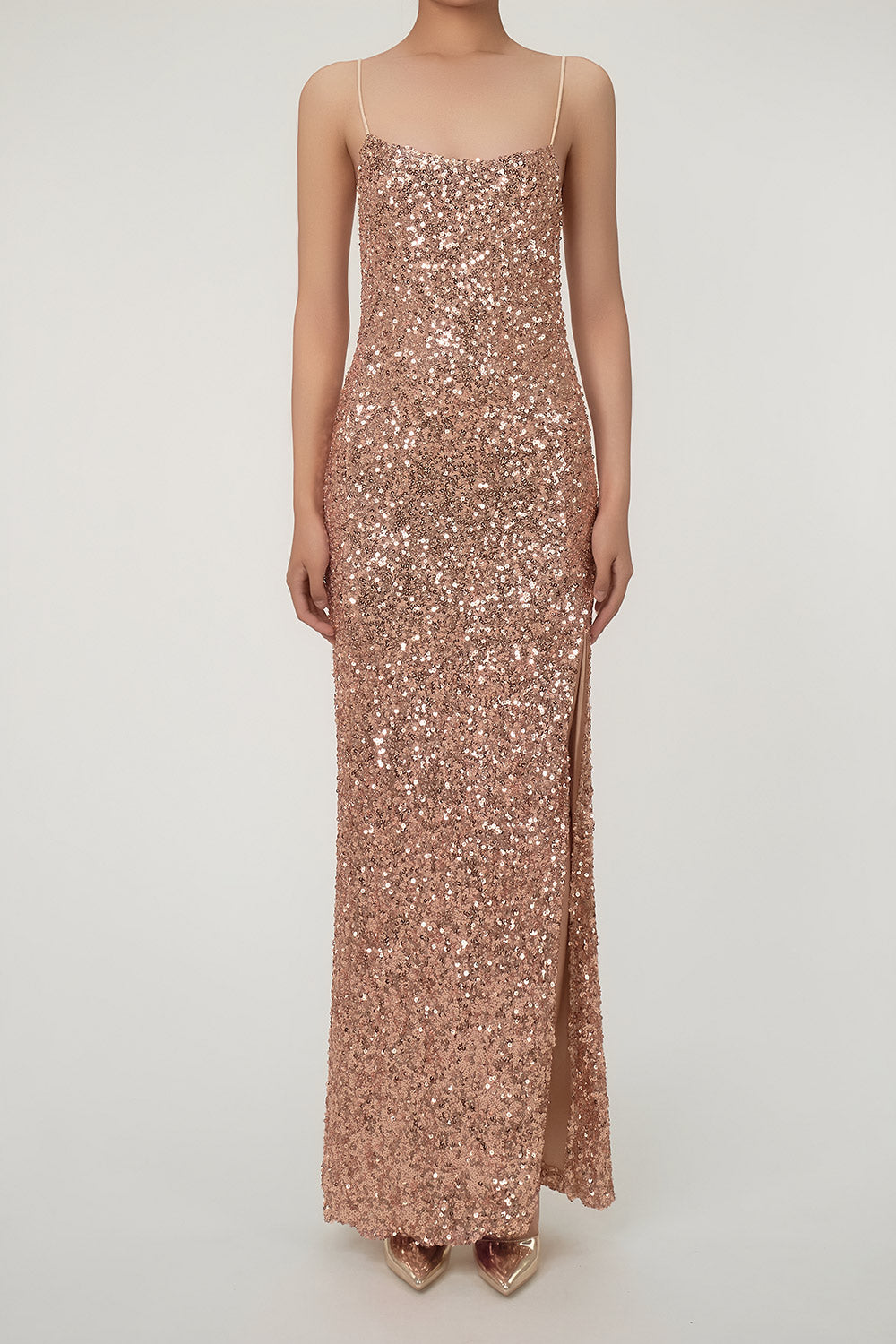 Sparkly Spaghetti Strap High Slit Sequin Maxi Dress - Bronze Gold