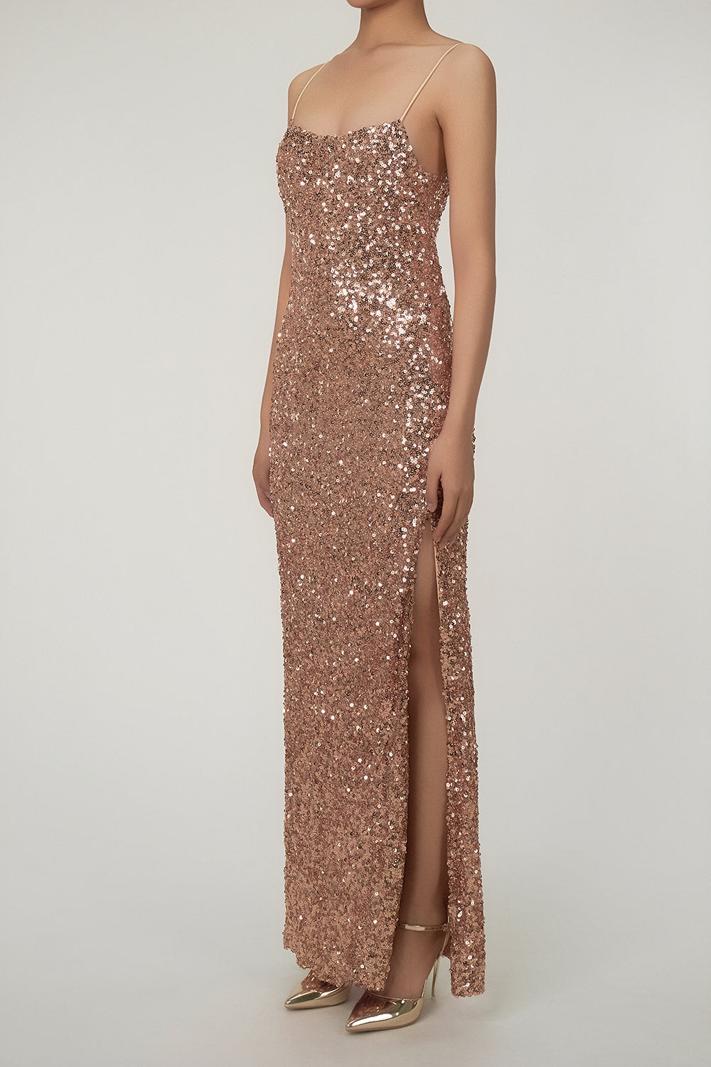 Sparkly Spaghetti Strap High Slit Sequin Maxi Dress - Bronze Gold