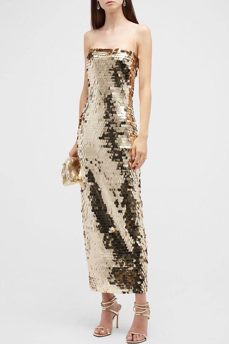 Sequin Square Neck Spaghetti Strap Bodycon Midi Dress