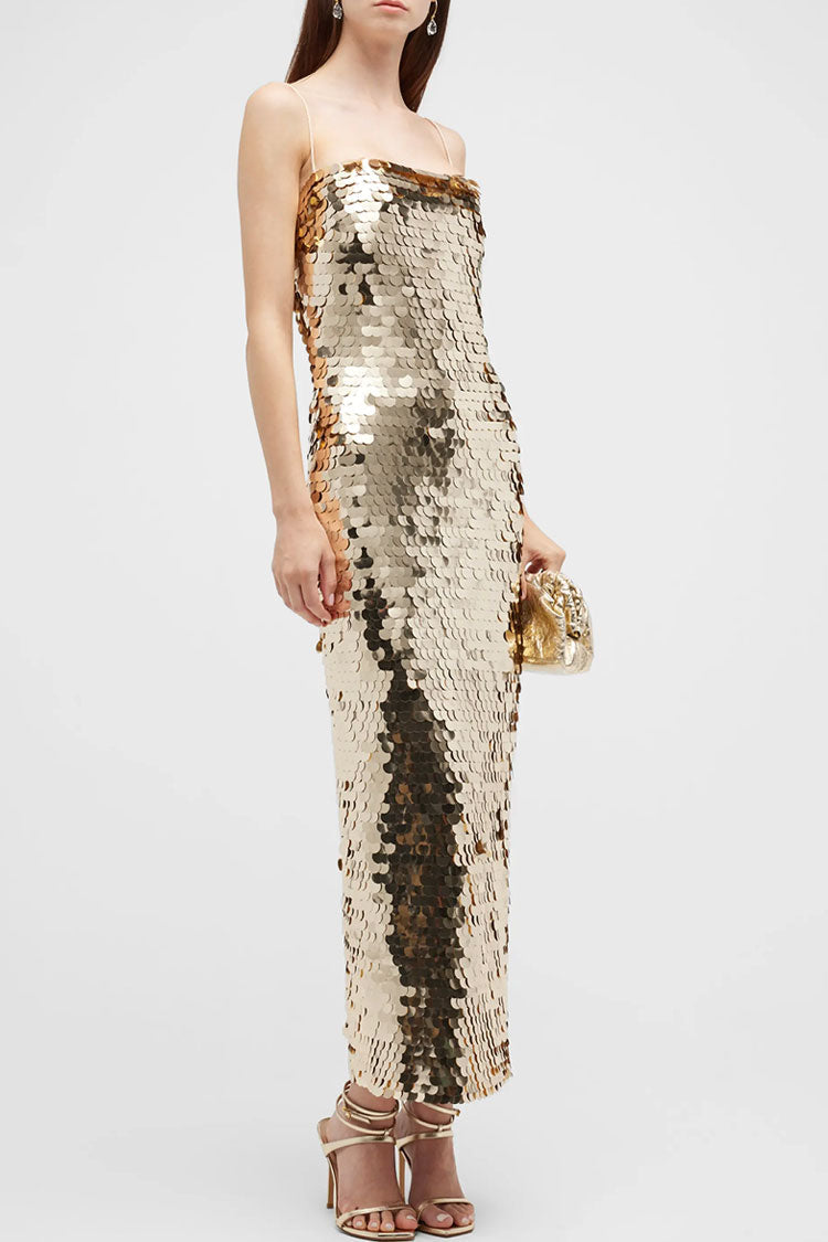 Sequin Square Neck Spaghetti Strap Bodycon Midi Dress