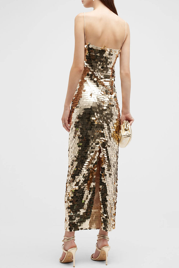 Sequin Square Neck Spaghetti Strap Bodycon Midi Dress