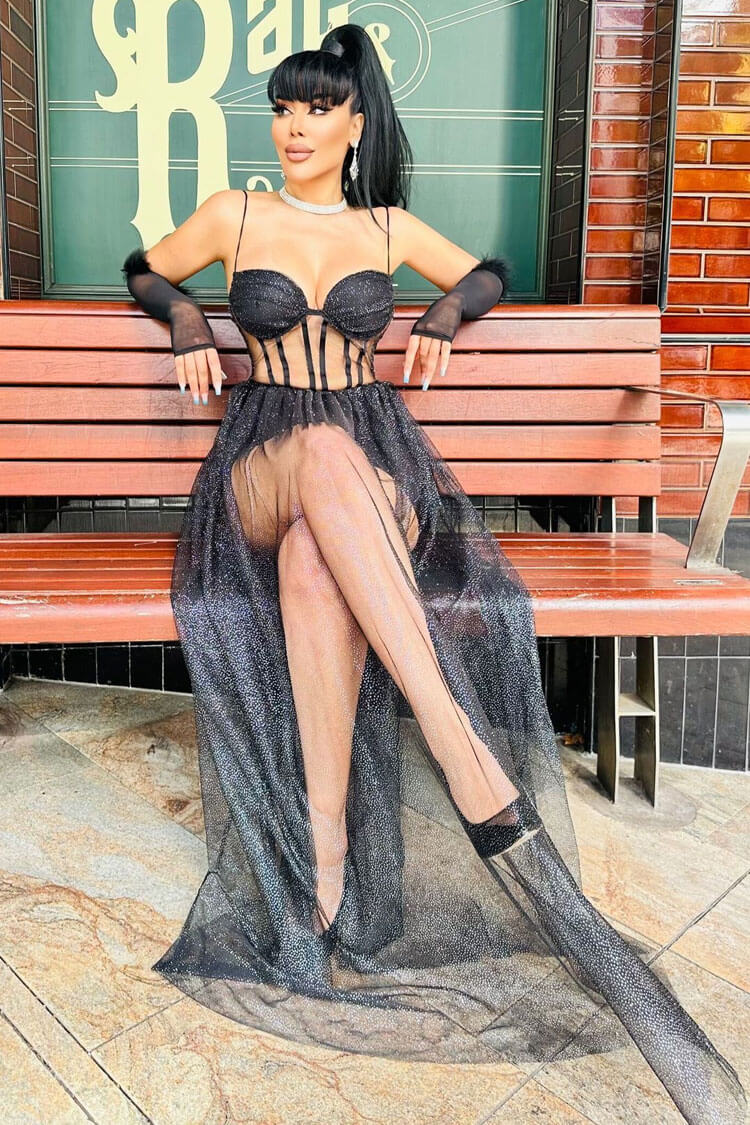 Glitter Strapless Corset Lace Up Sheer Tulle Maxi Dress