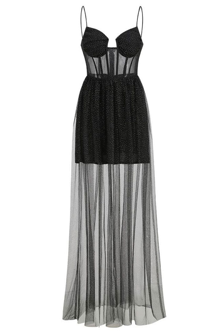 Glitter Strapless Corset Lace Up Sheer Tulle Maxi Dress