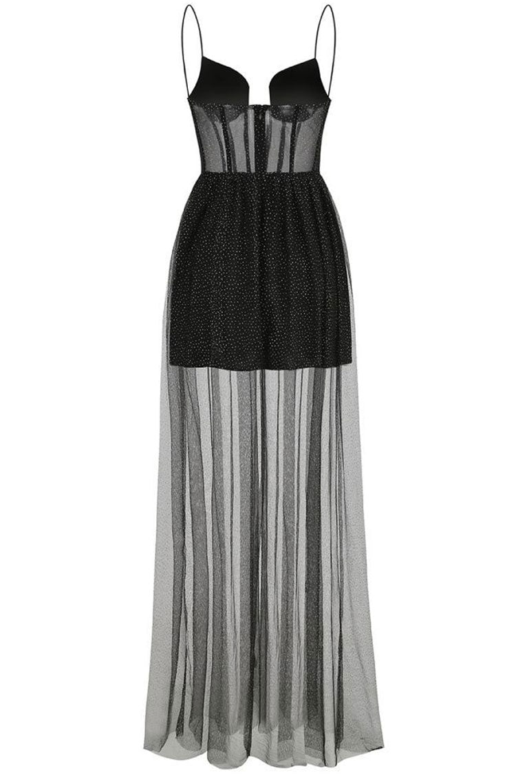 Glitter Strapless Corset Lace Up Sheer Tulle Maxi Dress