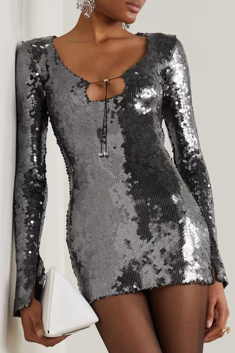Sequin Tie Neck Cut Out Long Sleeve Bodycon Mini Party Dress