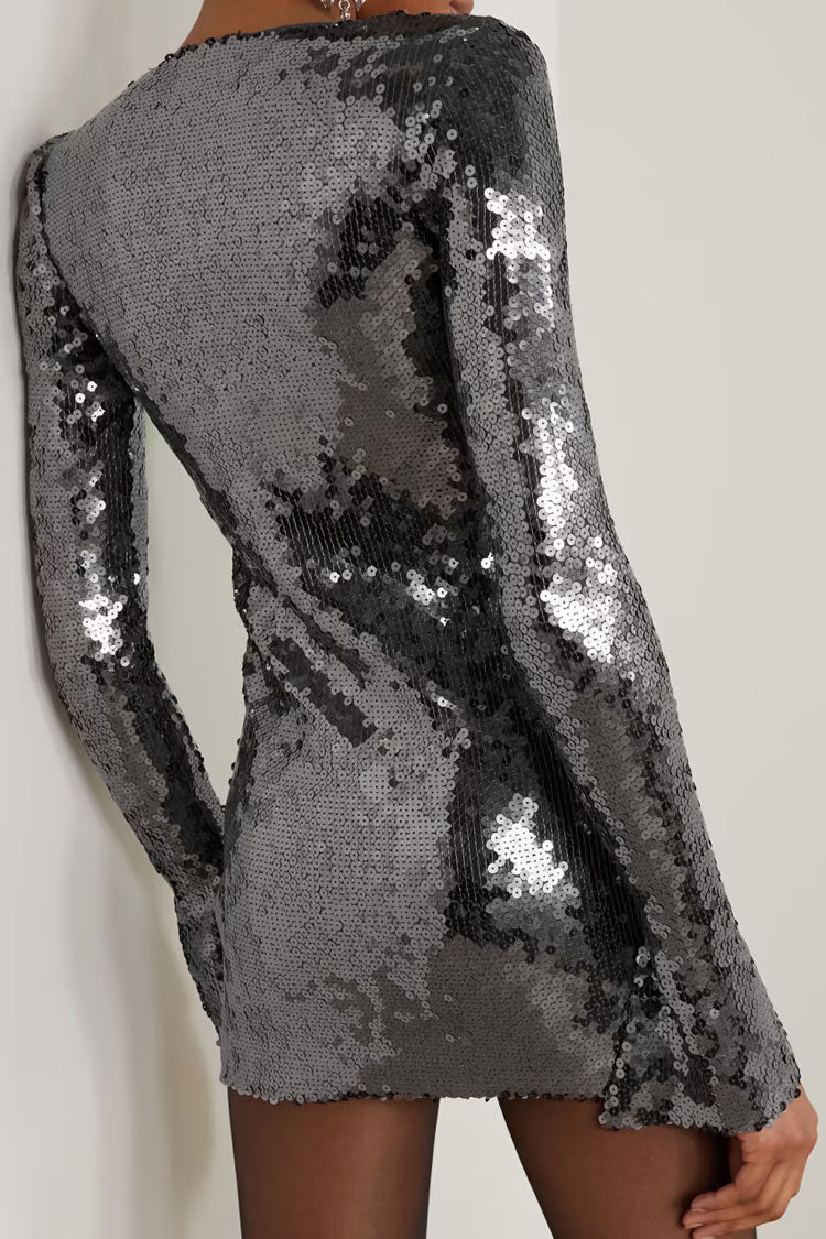 Sequin Tie Neck Cut Out Long Sleeve Bodycon Mini Party Dress