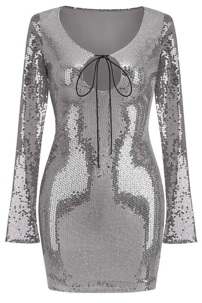 Sequin Tie Neck Cut Out Long Sleeve Bodycon Mini Party Dress