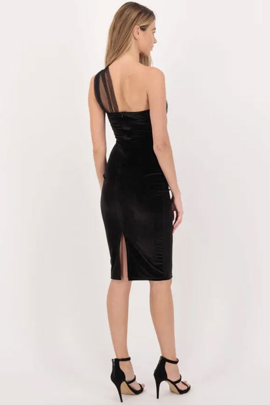 Sparkly Tulle One Shoulder Velvet Cocktail Party Midi Dress - Black 3
