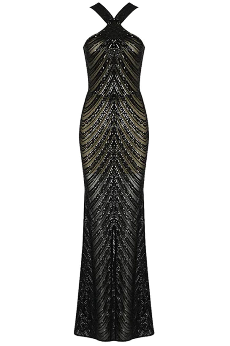 Sequin Halter Neck Sheer Mermaid Maxi Gown