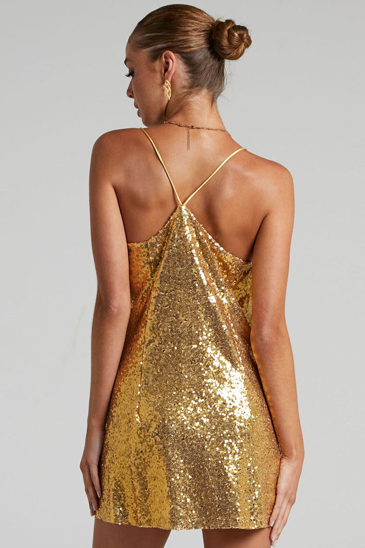 Sequin V-Neck Spaghetti Strap A-Line Mini Dress