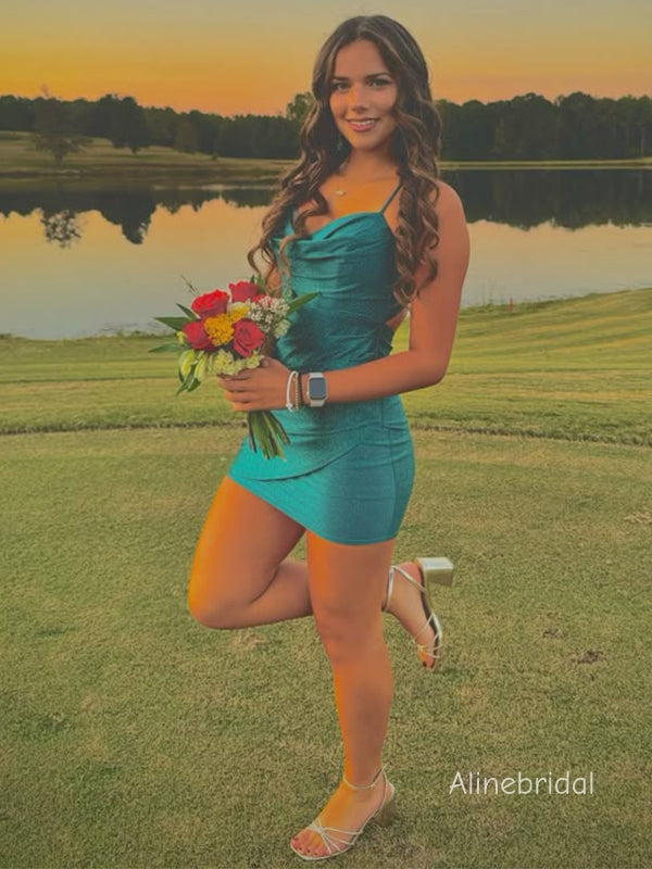 Shimmer Cowl Neck Spaghetti Strap Ruched Short Homecoming Dress