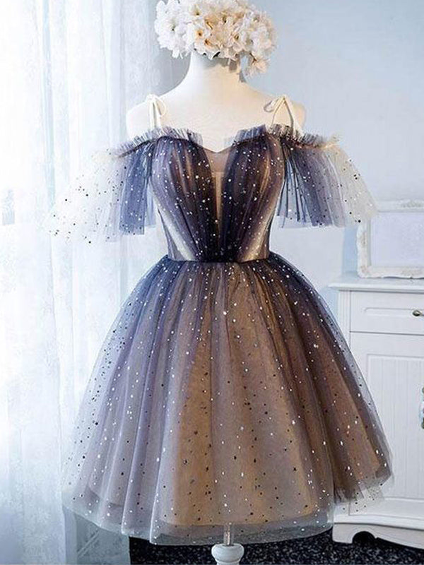 Sparkle Tulle Off Shoulder Tie Strap A-Line Homecoming Dress
