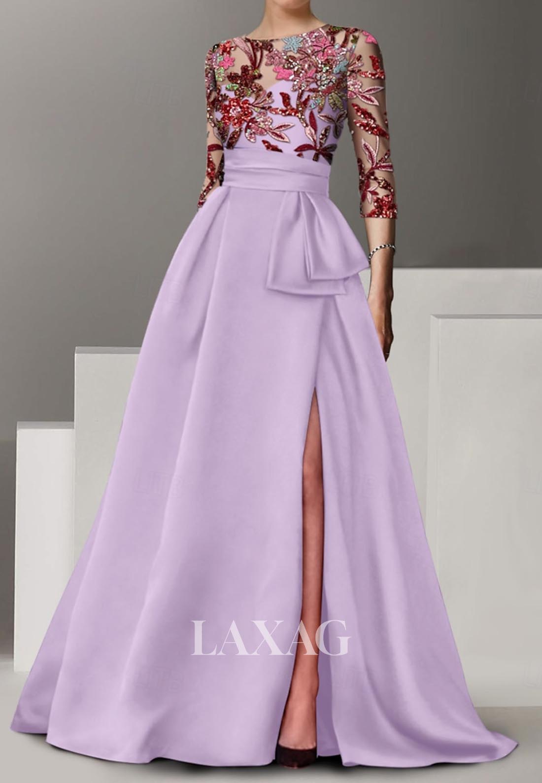 Half-Sleeves Floor-Length Formal Gowns Scoop-Neck Floral Embroidered Sequined A-Line Evening Dress
