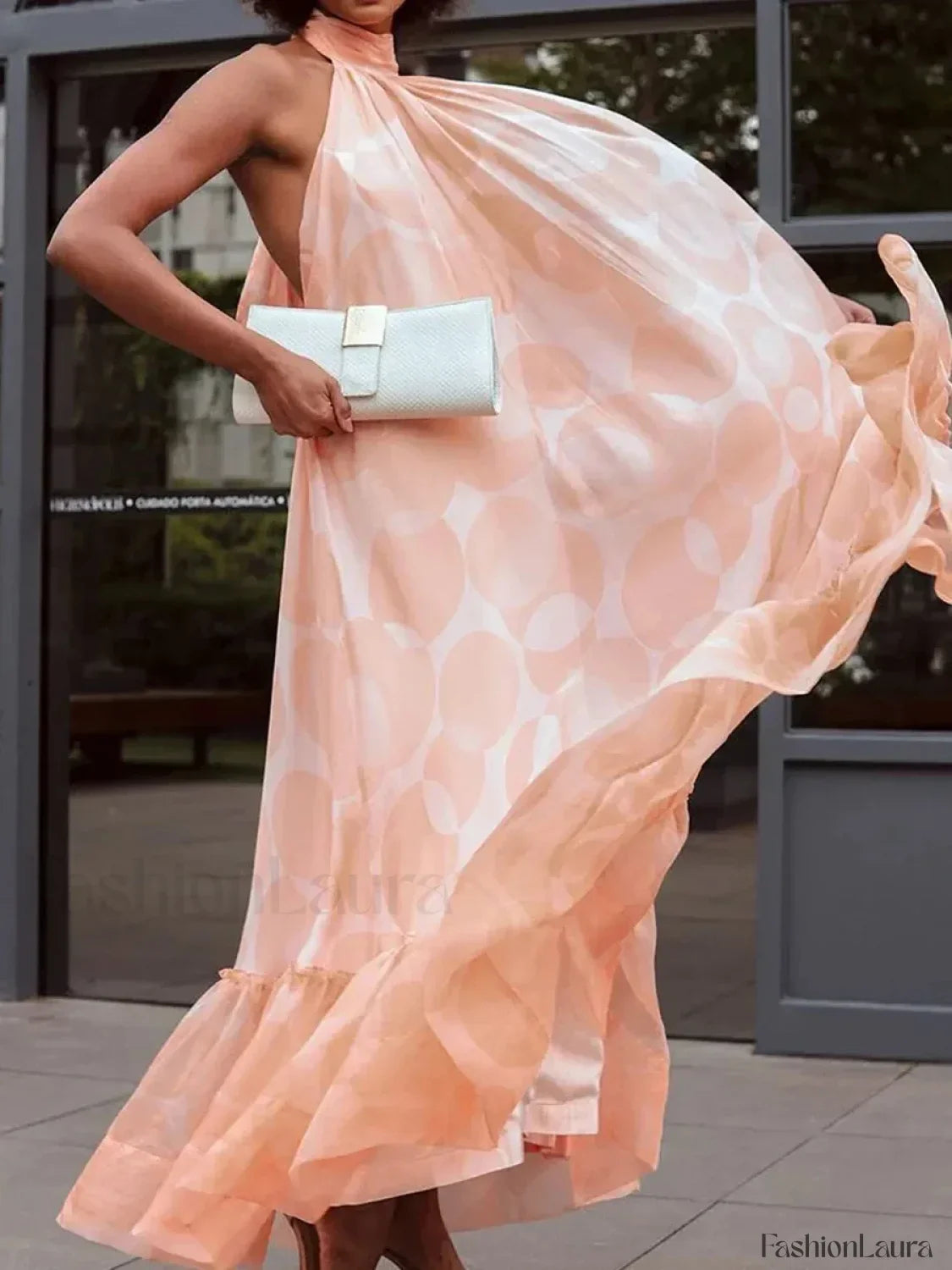 Spliced Dot Backless Halter Maxi Dress