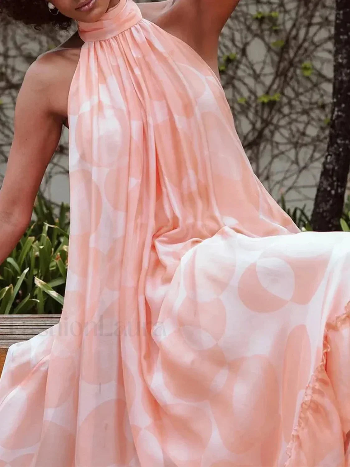 Spliced Dot Backless Halter Maxi Dress