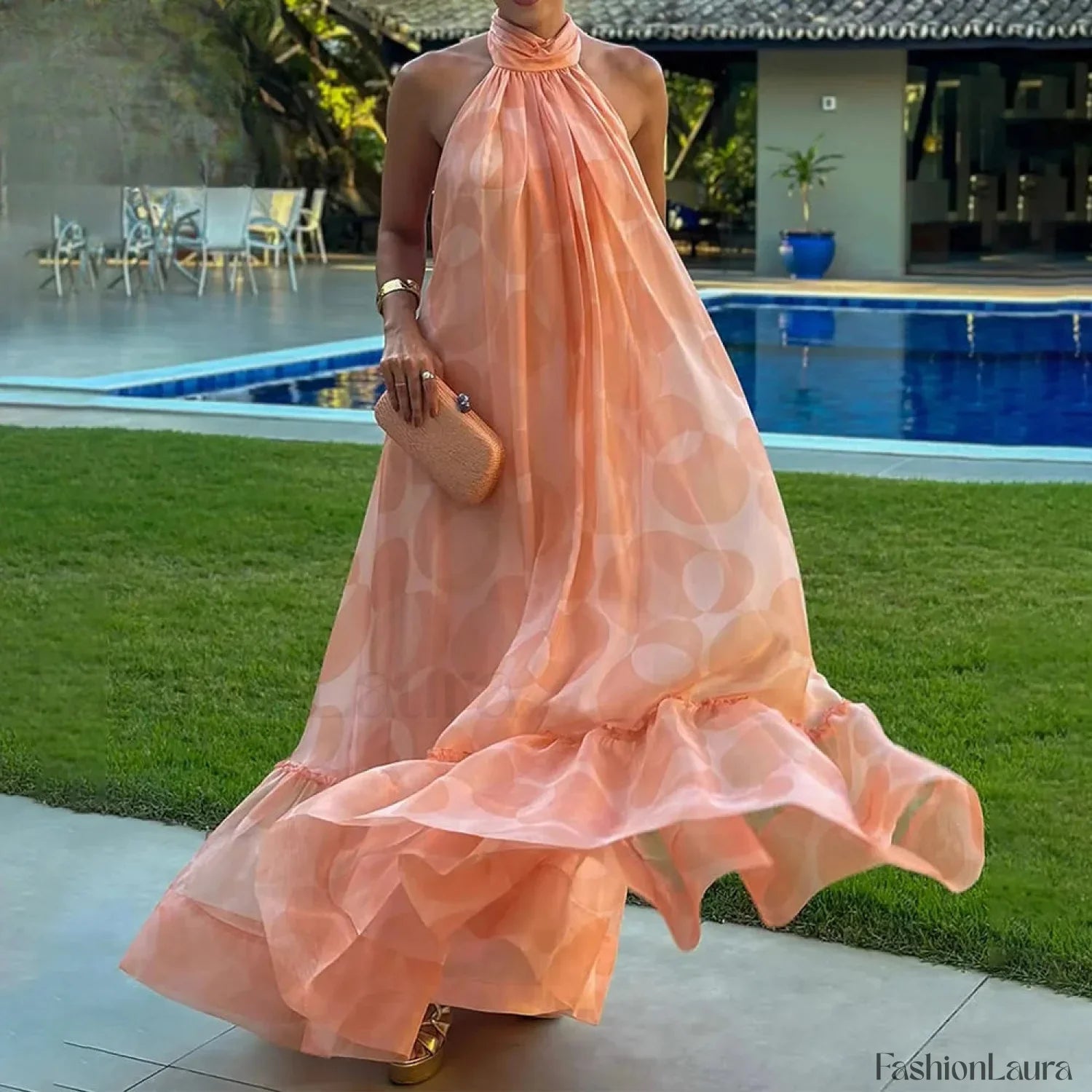 Spliced Dot Backless Halter Maxi Dress