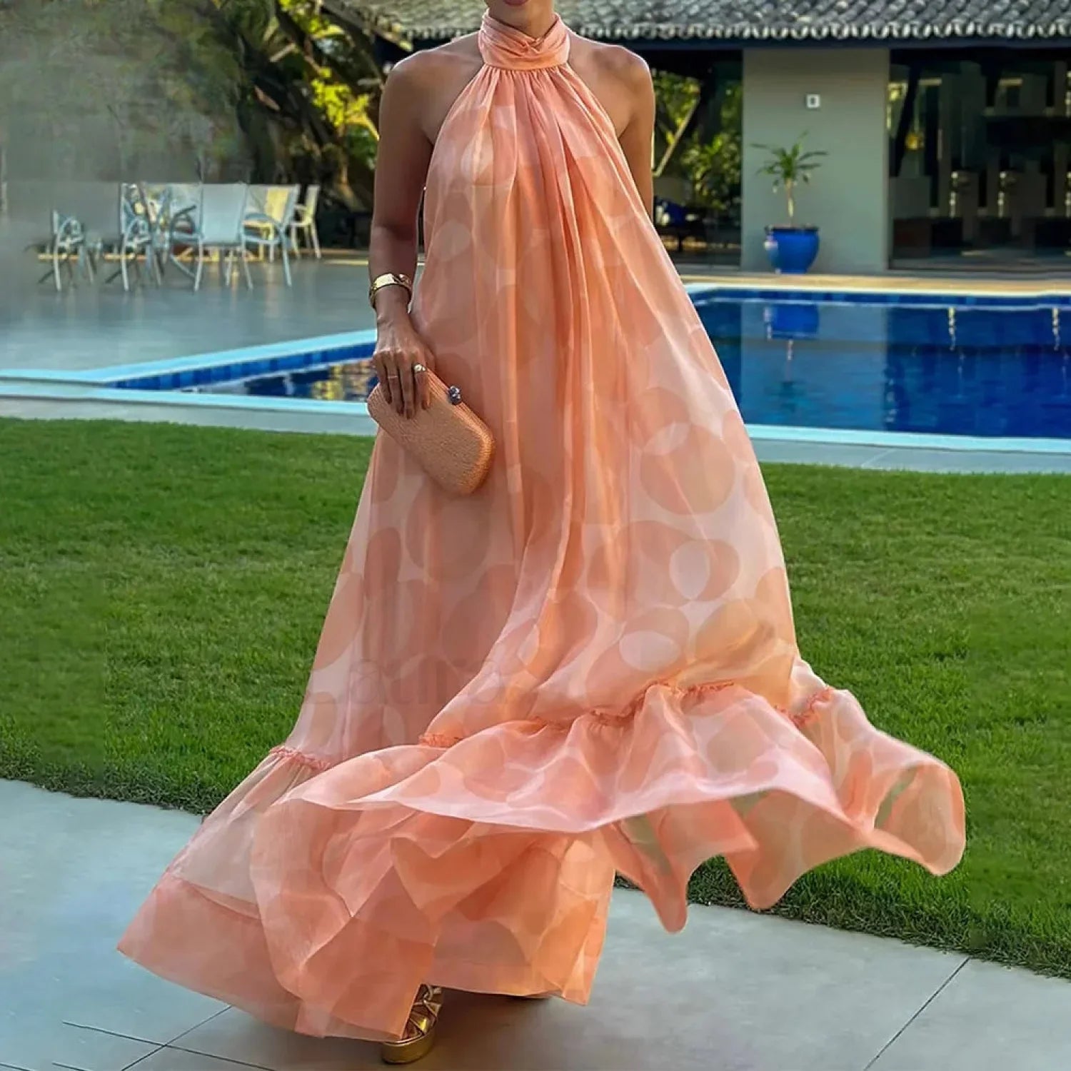 Spliced Dot Backless Halter Maxi Dress