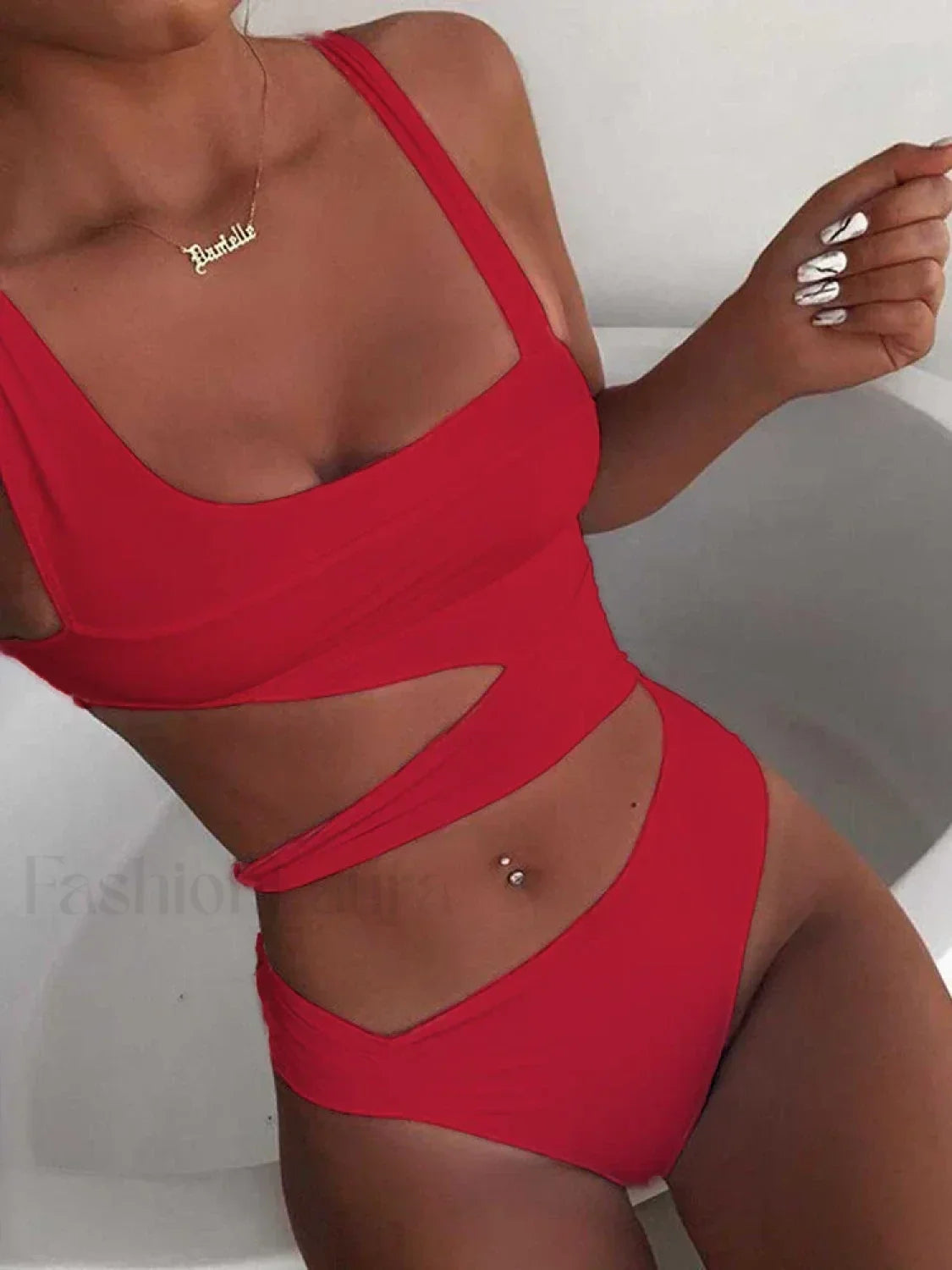 Spliced Hollow Out One Piece red / S