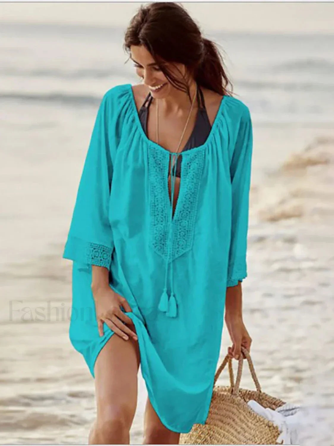 Spliced Lace Lace Up Tassel Cover Up