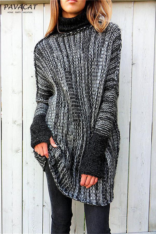 Spliced Turtleneck Loose Pullover Sweater