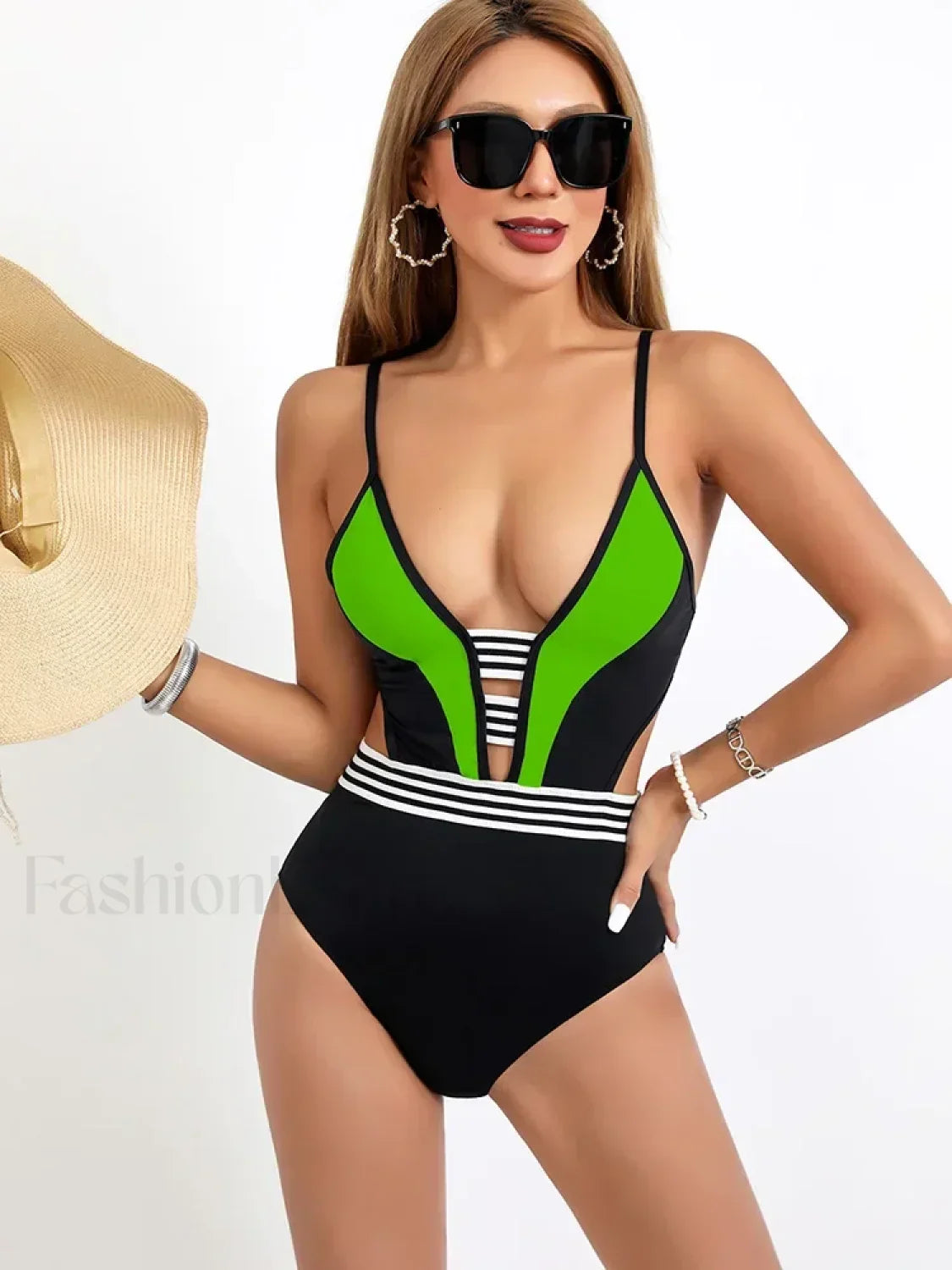 Spliced White Black Hollow Out One Piece Green / S