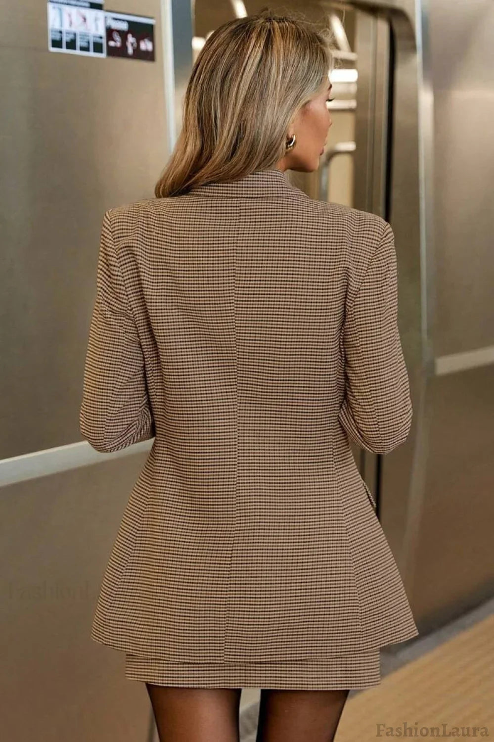 Split Skirt Houndstooth Blazer Two Piece Set