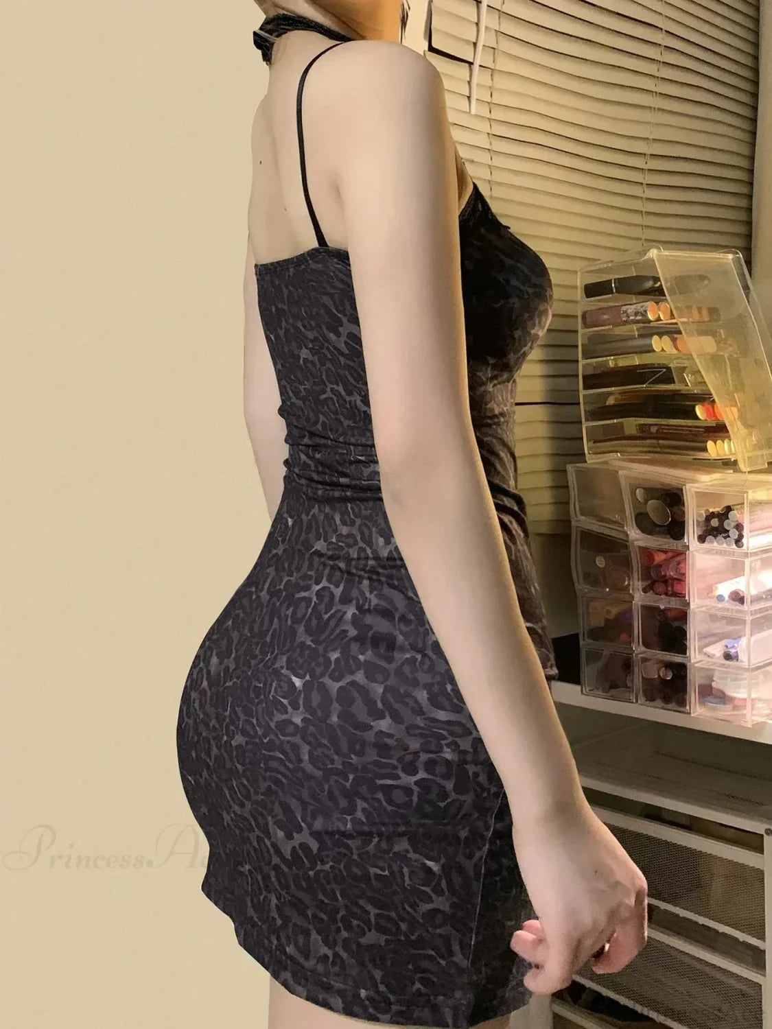 Leopard Print Lace Trim Spaghetti Strap High Split Bodycon Mini Dress