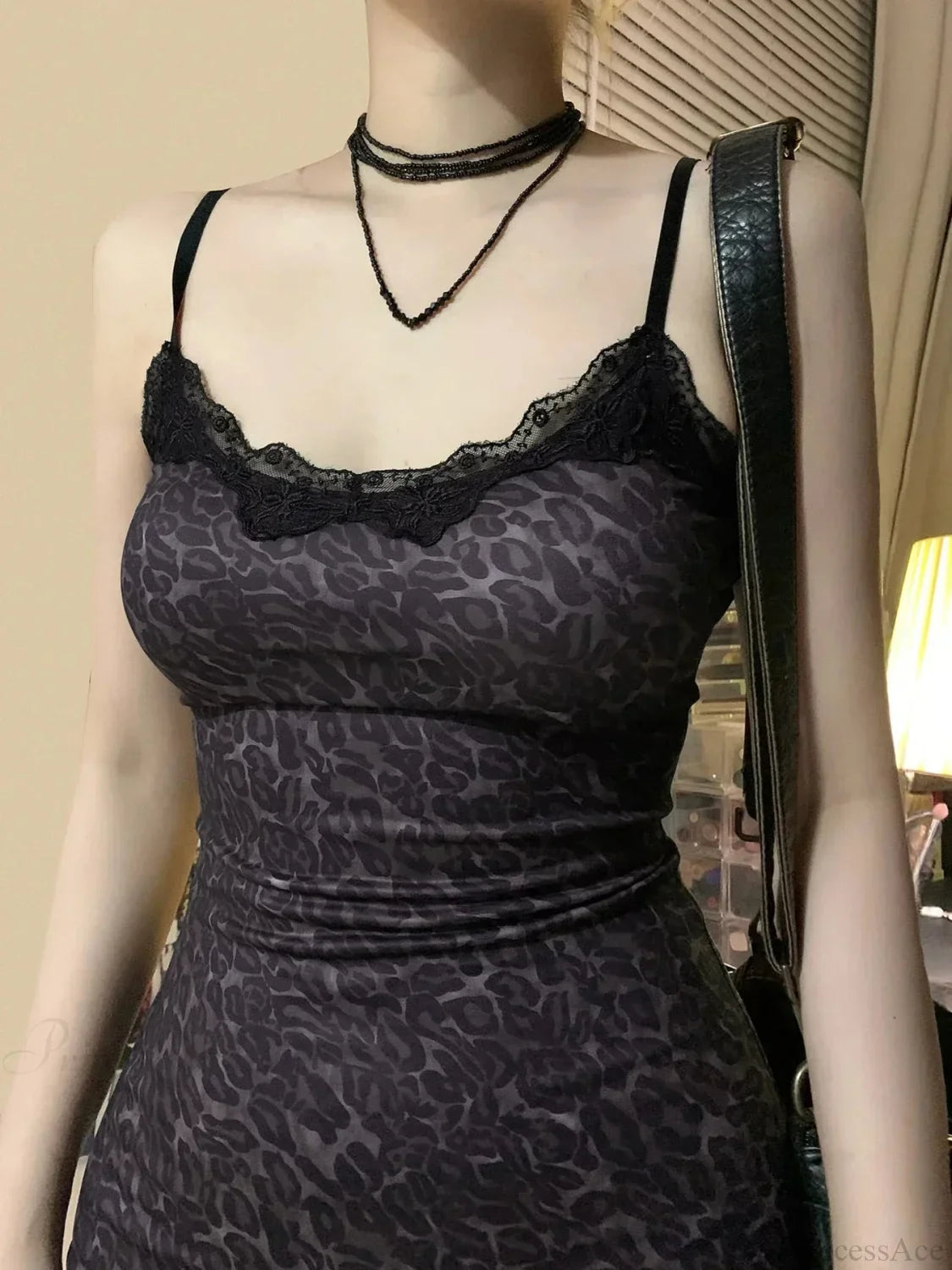 Leopard Print Lace Trim Spaghetti Strap High Split Bodycon Mini Dress