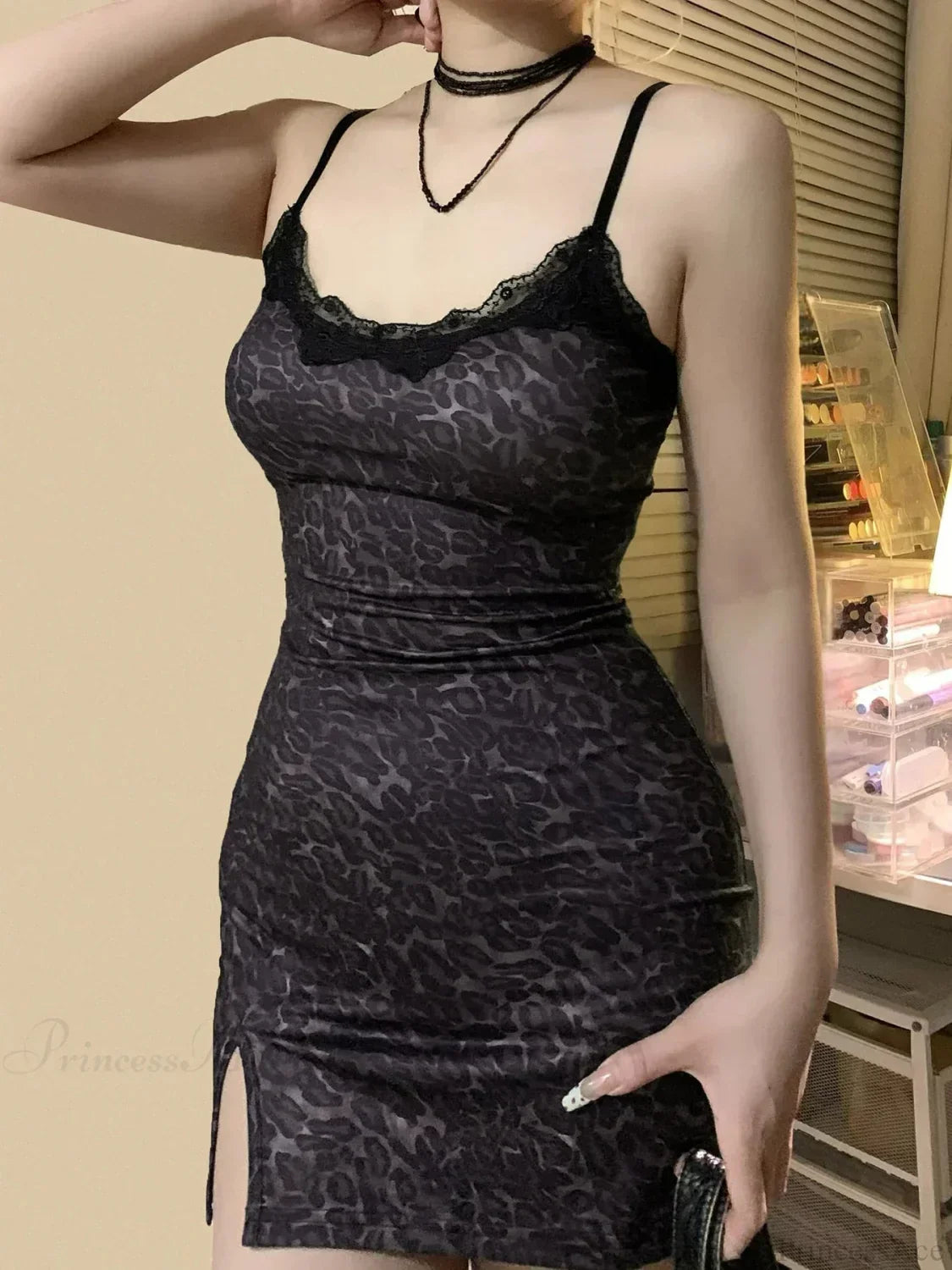 Leopard Print Lace Trim Spaghetti Strap High Split Bodycon Mini Dress