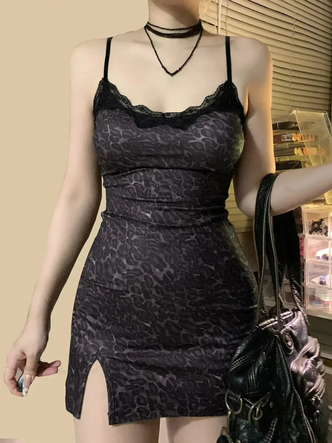 Leopard Print Lace Trim Spaghetti Strap High Split Bodycon Mini Dress - View 6