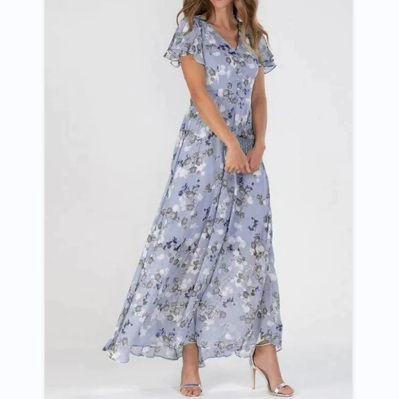Lucrecia Exclusive Long Dress with Short Sleeves and Floral Print Statement Occasion Edit