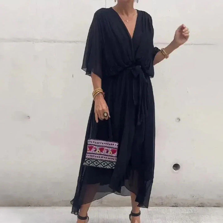 Minimalist Natasha Midi Dress with V Neckline and Loose Sleeves Chic Silhouette Collection