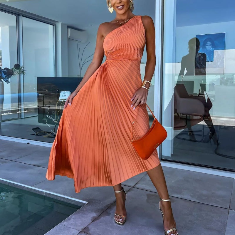 One Shoulder Pleated Maxi Dress