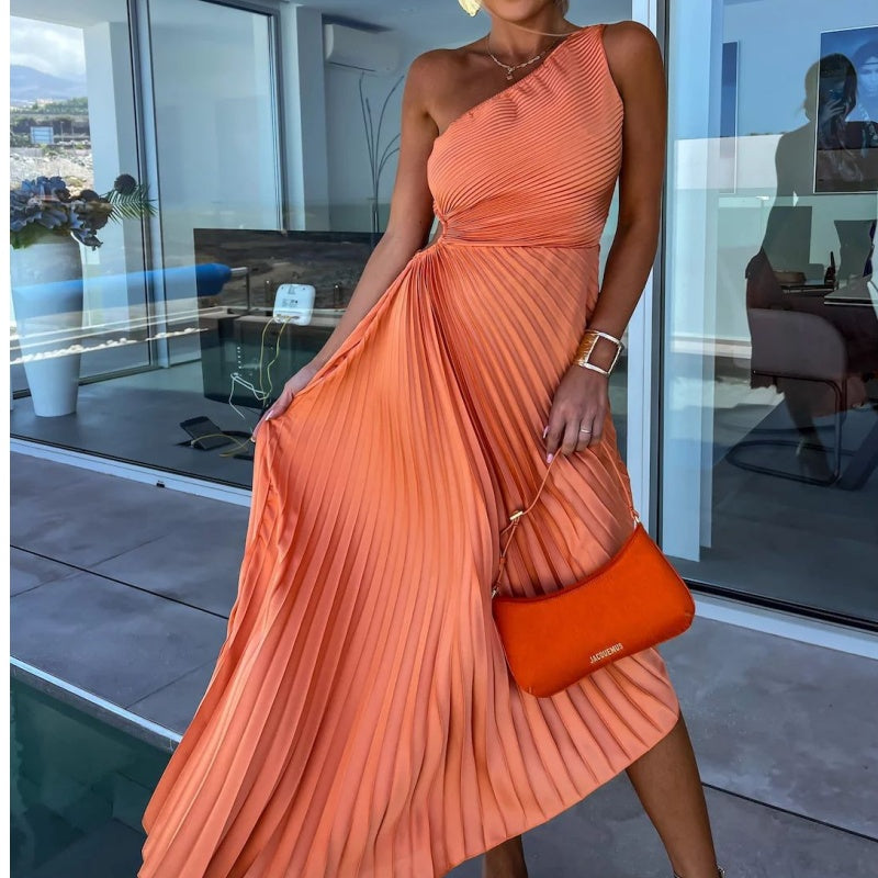 One Shoulder Pleated Maxi Dress
