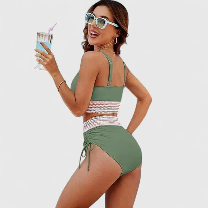 Triangle Top Ruched Chevron Trim High Waist Bikini Set