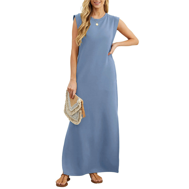 Crew Neck Sleeveless Pocket Shift Maxi Dress