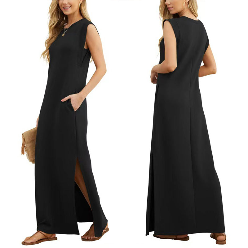 Crew Neck Sleeveless Pocket Shift Maxi Dress