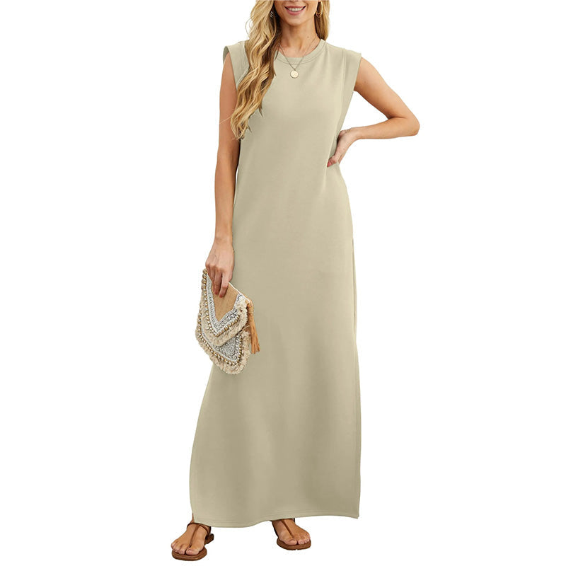 Crew Neck Sleeveless Pocket Shift Maxi Dress