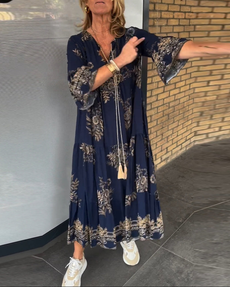 Bohemian Floral Print V-Neck Long Sleeve Tiered Maxi Dress
