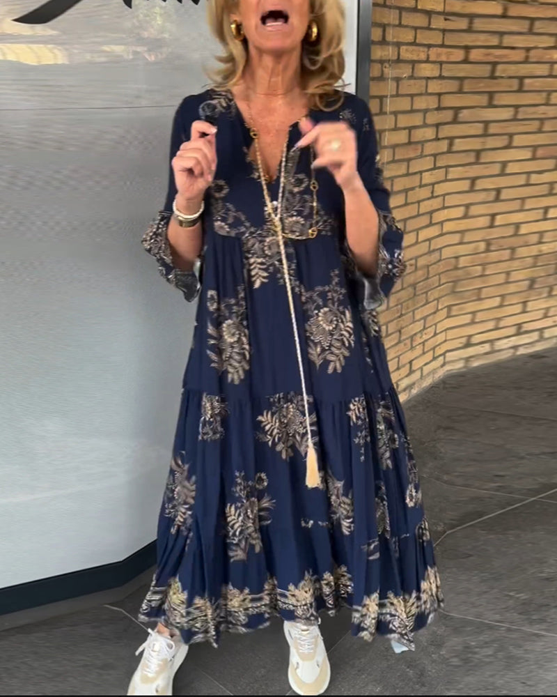 Bohemian Floral Print V-Neck Long Sleeve Tiered Maxi Dress