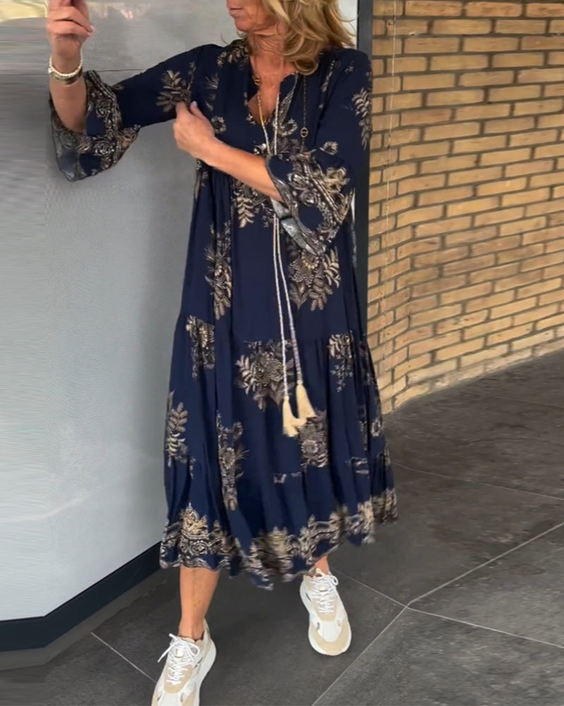 Bohemian Floral Print V-Neck Long Sleeve Tiered Maxi Dress