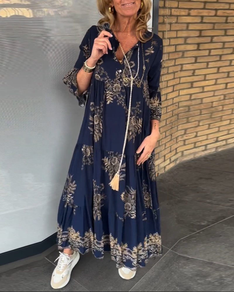 Bohemian Floral Print V-Neck Long Sleeve Tiered Maxi Dress