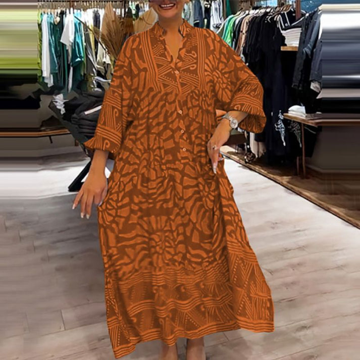 Abstract Print Button Front Long Sleeve Oversized Maxi Shirt Dress