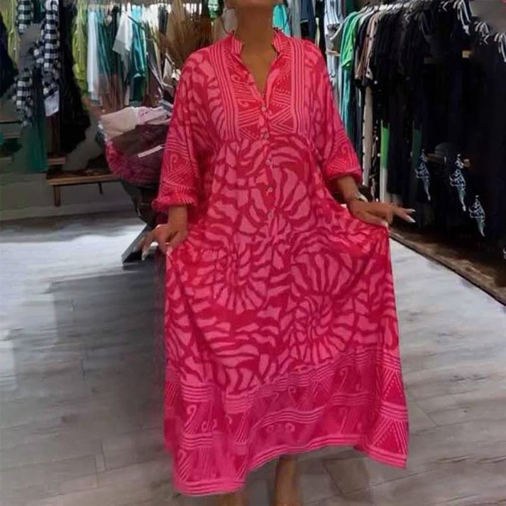 Abstract Print Button Front Long Sleeve Oversized Maxi Shirt Dress