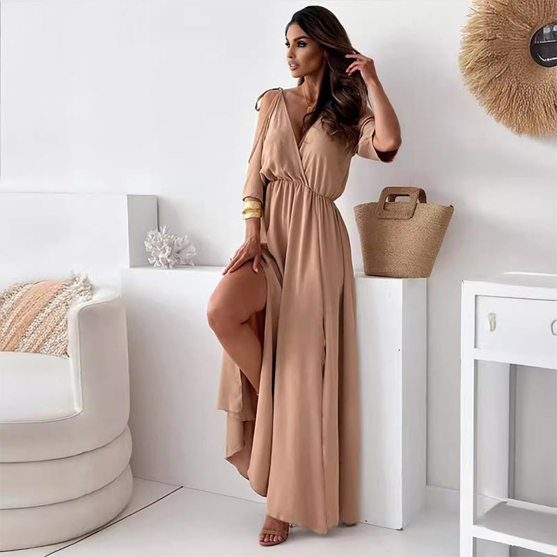Deep V-Neck Wrap Tie Sleeve High Split Maxi Dress