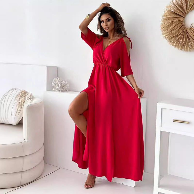 Deep V-Neck Wrap Tie Sleeve High Split Maxi Dress