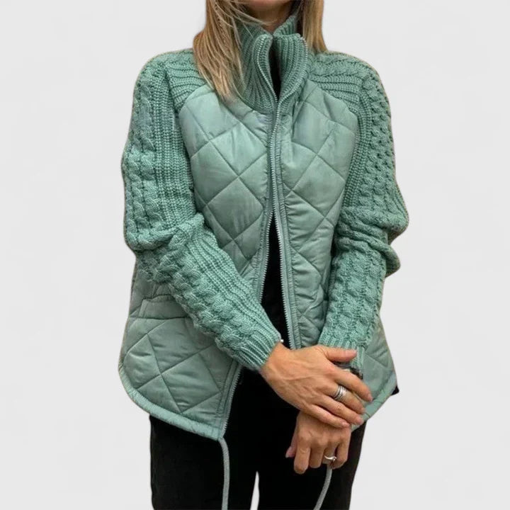 Cable Knit Sleeve Quilted Zip Front Jacket