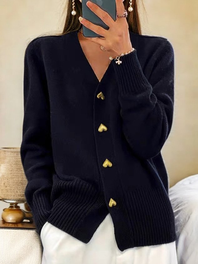 V-Neck Heart Button Front Knit Cardigan