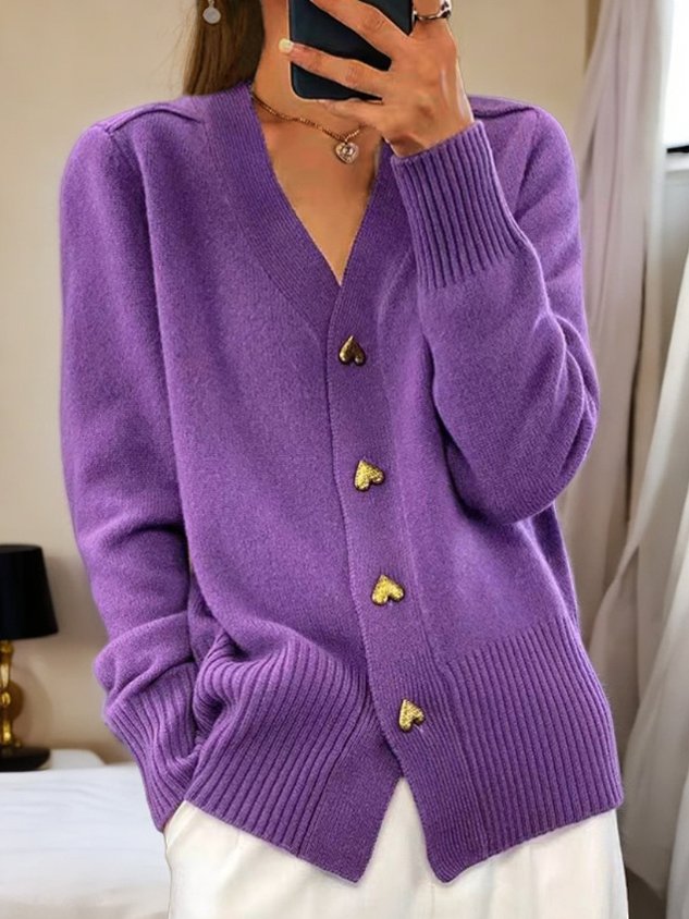 V-Neck Heart Button Front Knit Cardigan
