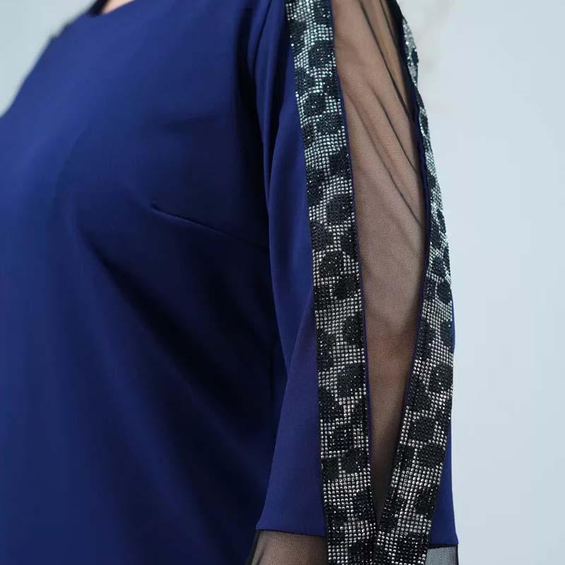 Rhinestone Trim Mesh Insert 3/4 Sleeve Shift Midi Dress